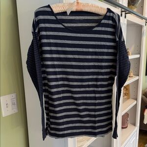 Eddie Bauer Dark Blue and Light Gray Striped Long Sleeve Top